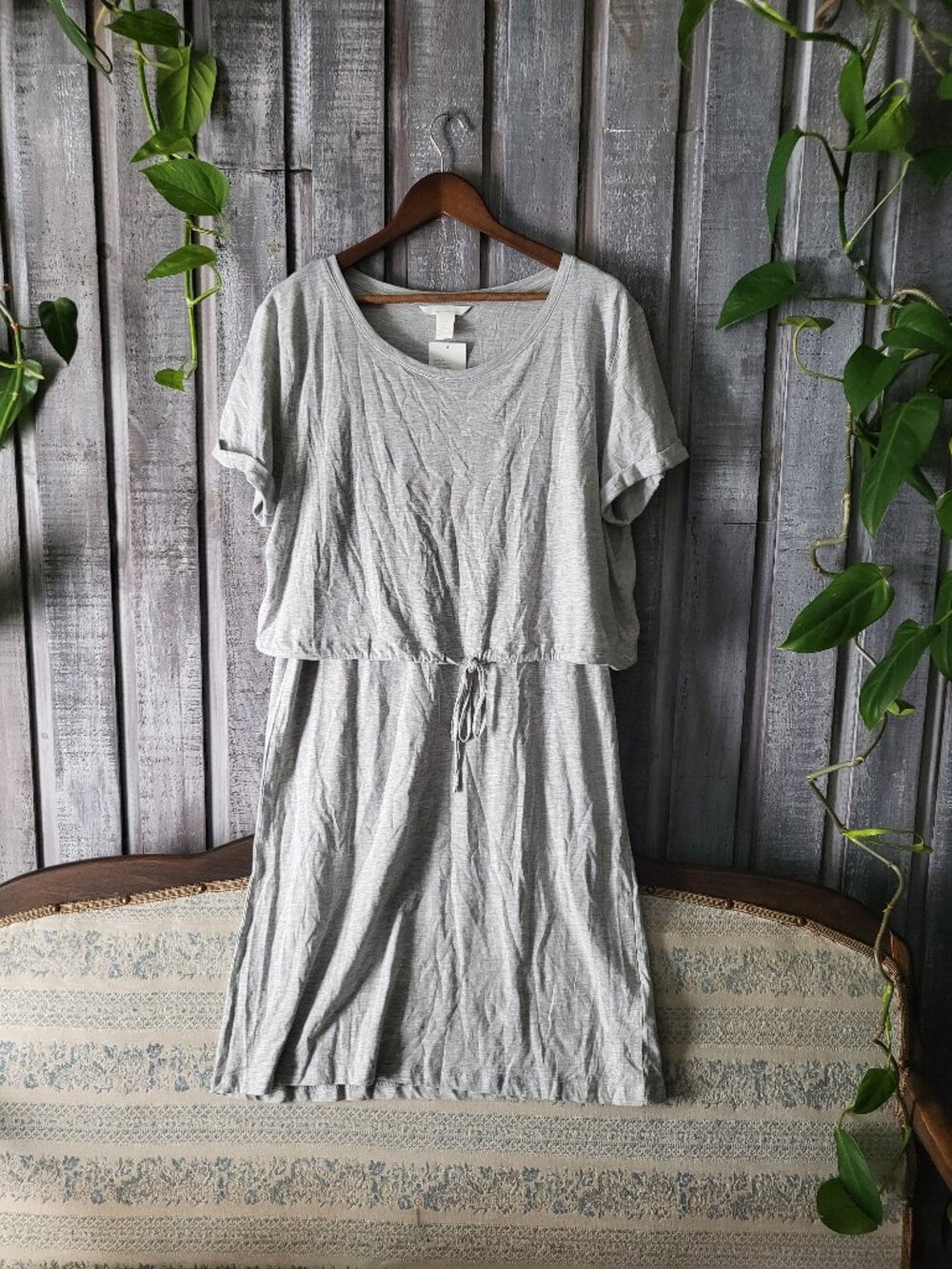 Gray Cotton Knit Short Sleeve Drawstring Maternity Nursing Dress L